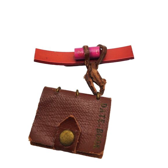 Tiny Leather Date Book Brooch Vintage 1930s Dangle Drop Pin Miniature Jewelry - Picture 5 of 10